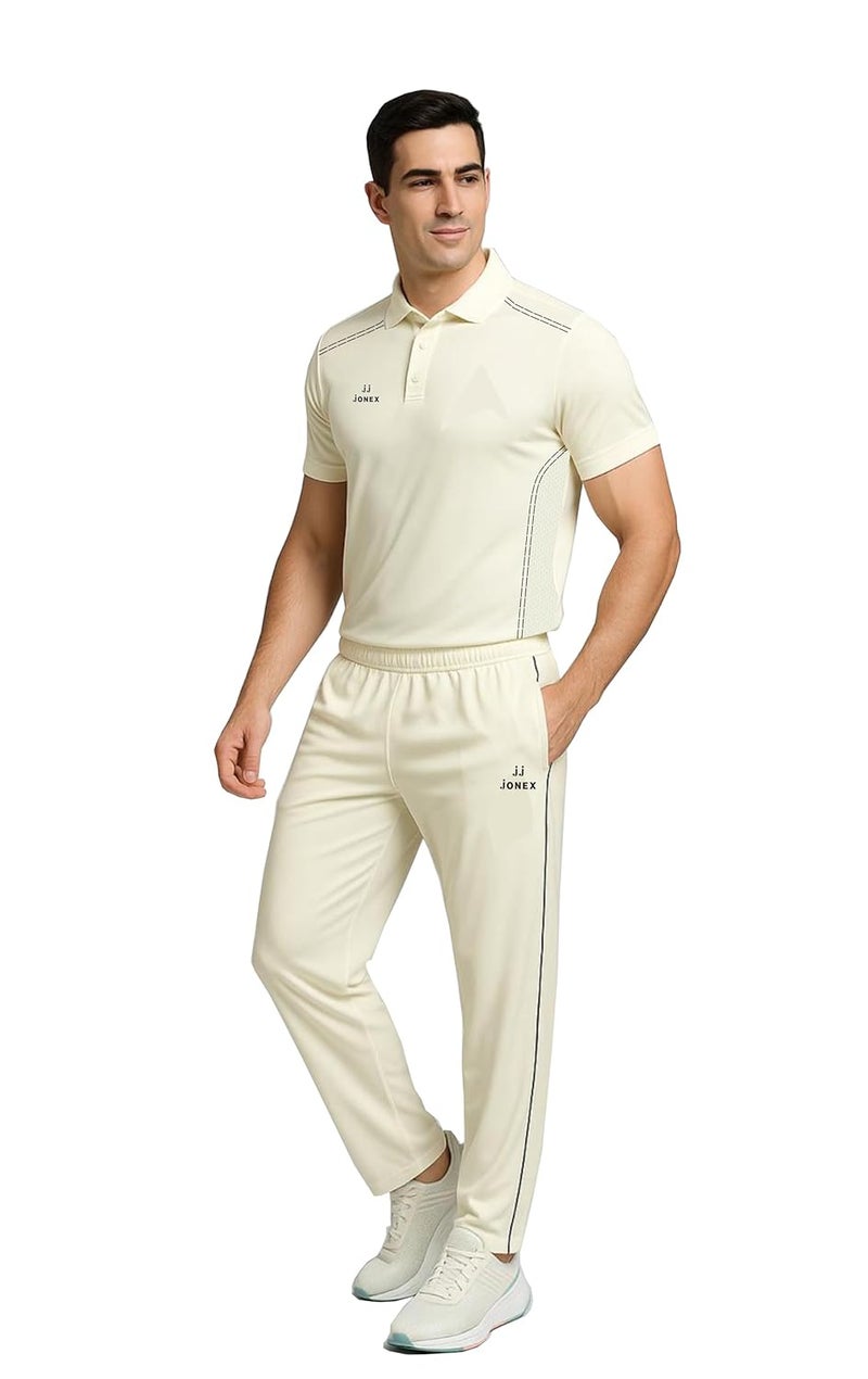 Jonex Men Cricket Uniform, Half Sleeve Polyester T-Shirt & Trouser Pant Set - Creamy White - Image 2